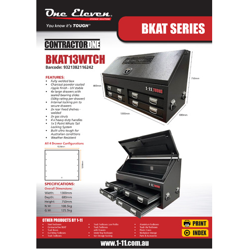 Steel BKAT ContractorOne Truck Box (1,300mm Wide) 4 drawers. Charcoal.